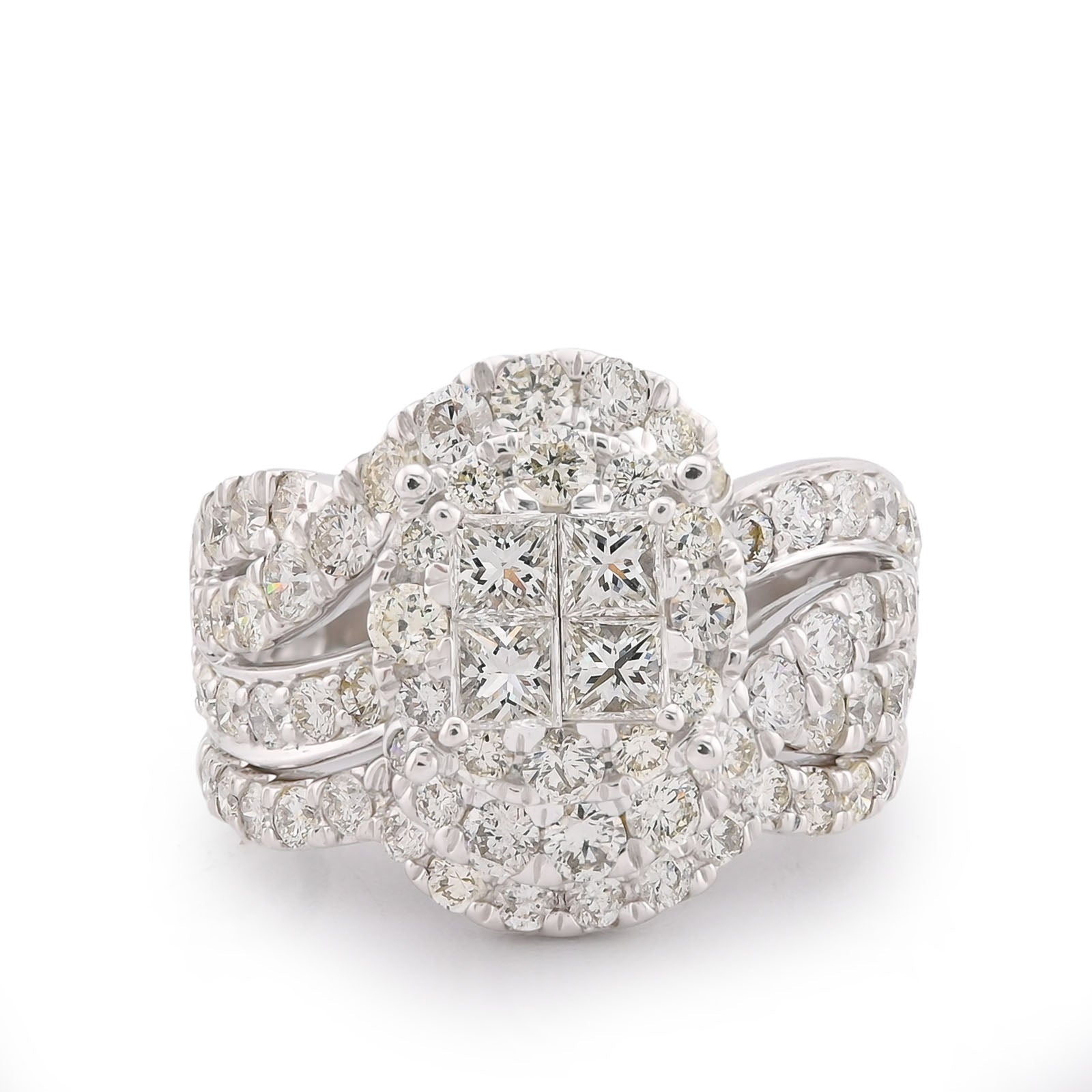 14K White Gold Natural Diamond Halo Flower Cluster Centre Princess Cut 3.13CT Women Ring with Band - Elite Jewelers-Rings
