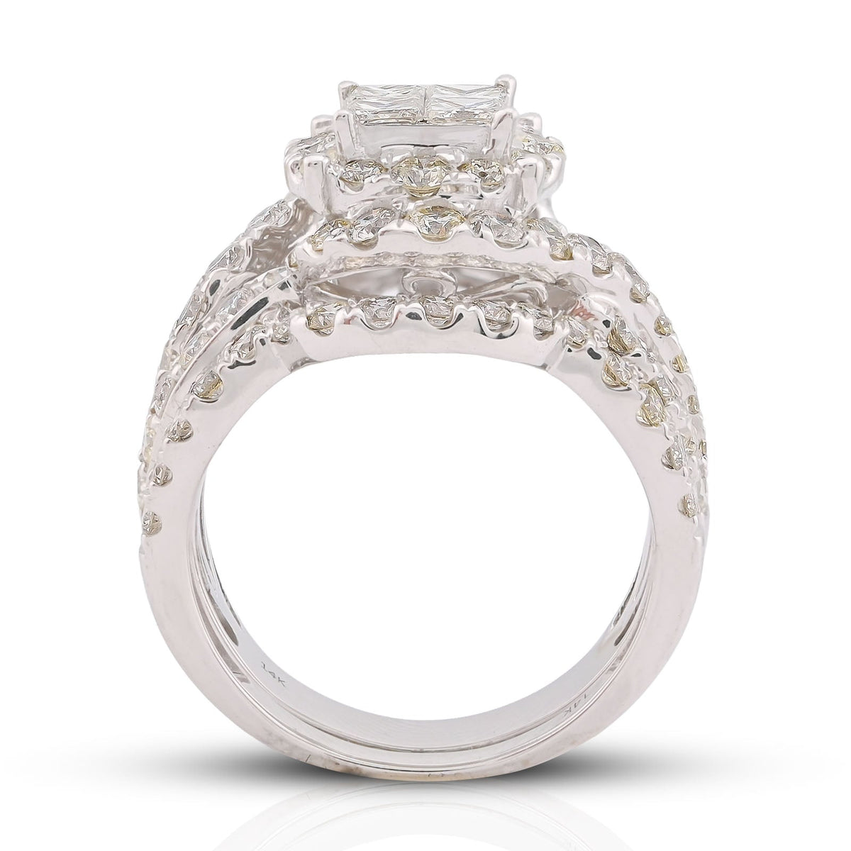 14K White Gold Natural Diamond Halo Flower Cluster Centre Princess Cut 3.13CT Women Ring with Band - Elite Jewelers-Rings