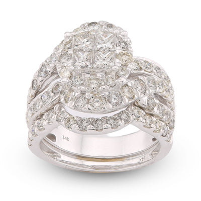 14K White Gold Natural Diamond Halo Flower Cluster Centre Princess Cut 3.13CT Women Ring with Band - Elite Jewelers-Rings