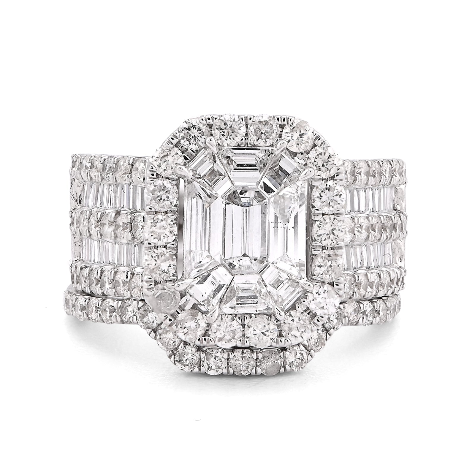 14K White Gold Octagon Centre Emerald/Baguette 3CT Natural Diamond Women Ring With Band - Elite Jewelers - Rings