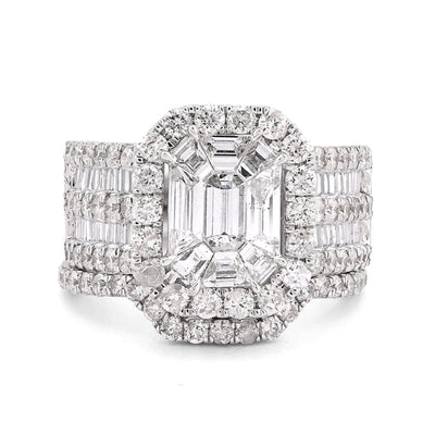 14K White Gold Octagon Centre Emerald/Baguette 3CT Natural Diamond Women Ring With Band - Elite Jewelers - Rings