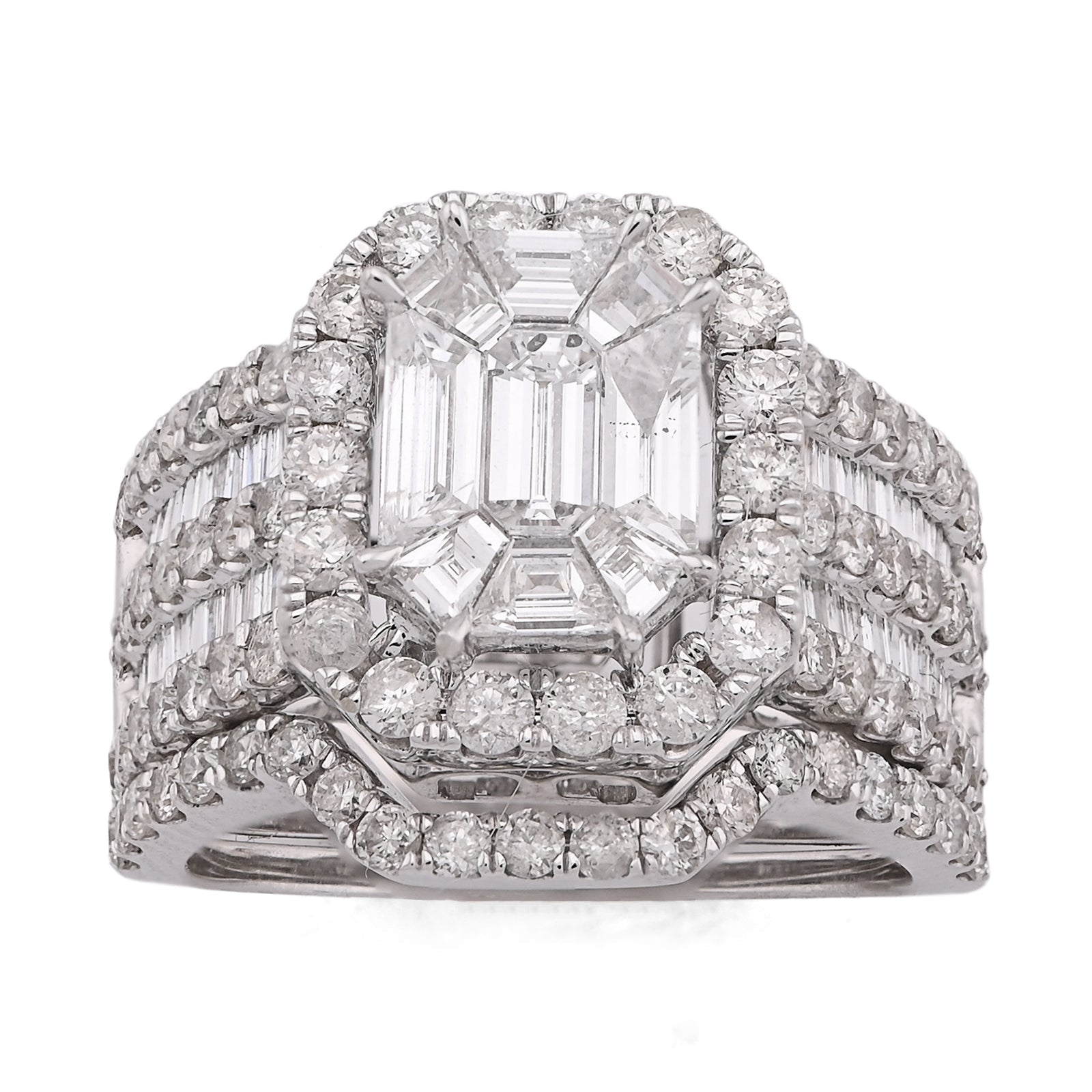 14K White Gold Octagon Centre Emerald/Baguette 3CT Natural Diamond Women Ring With Band - Elite Jewelers - Rings
