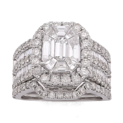 14K White Gold Octagon Centre Emerald/Baguette 3CT Natural Diamond Women Ring With Band - Elite Jewelers - Rings