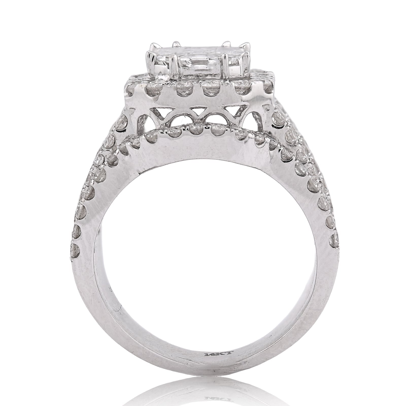 14K White Gold Octagon Centre Emerald/Baguette 3CT Natural Diamond Women Ring With Band - Elite Jewelers - Rings