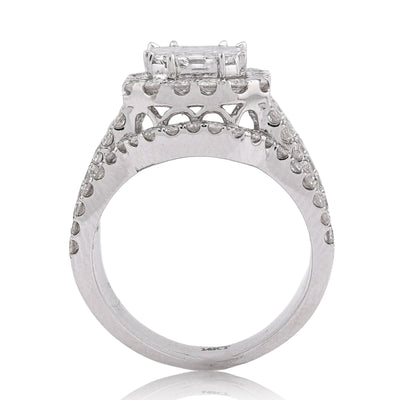 14K White Gold Octagon Centre Emerald/Baguette 3CT Natural Diamond Women Ring With Band - Elite Jewelers - Rings