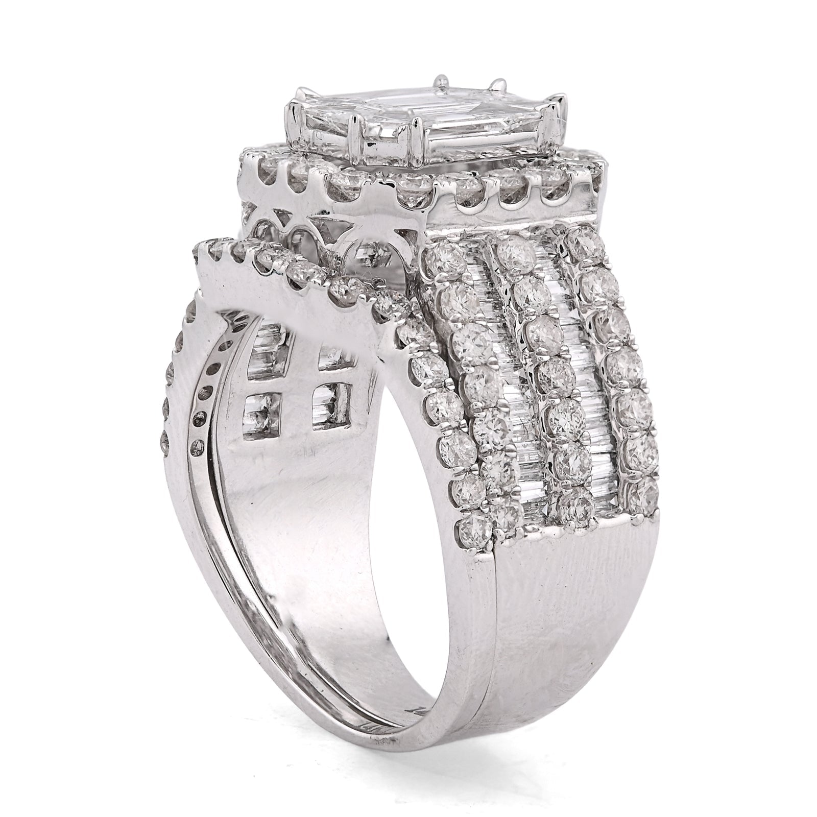 14K White Gold Octagon Centre Emerald/Baguette 3CT Natural Diamond Women Ring With Band - Elite Jewelers - Rings