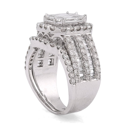 14K White Gold Octagon Centre Emerald/Baguette 3CT Natural Diamond Women Ring With Band - Elite Jewelers - Rings