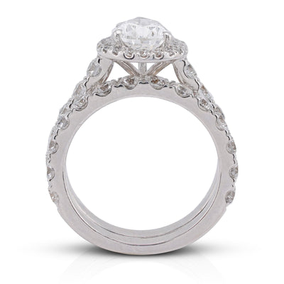 14K White Gold Pear Centre Solitaire Halo 4.35CT Lab Diamond Women Ring with Band - Elite Jewelers-Rings