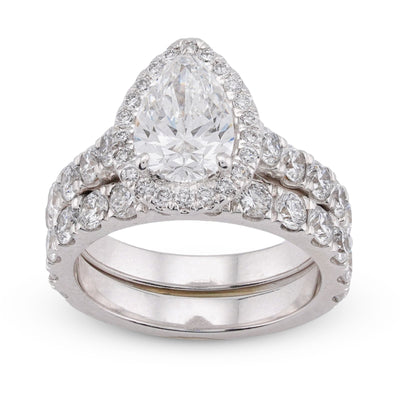 14K White Gold Pear Centre Solitaire Halo 4.35CT Lab Diamond Women Ring with Band - Elite Jewelers-Rings