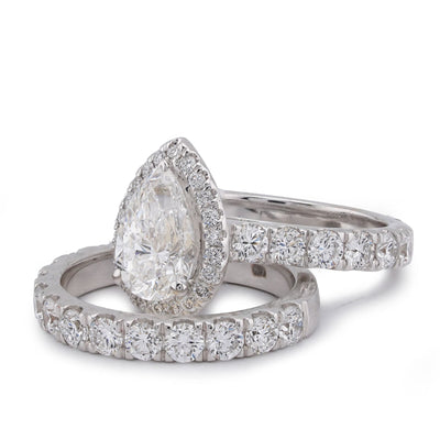 14K White Gold Pear Centre Solitaire Halo 4.35CT Lab Diamond Women Ring with Band - Elite Jewelers-Rings