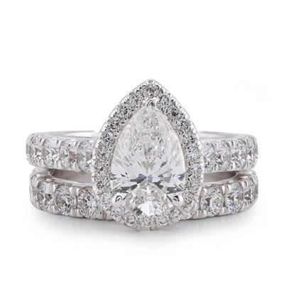 14K White Gold Pear Centre Solitaire Halo 4.35CT Lab Diamond Women Ring with Band - Elite Jewelers-Rings