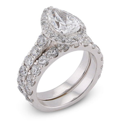 14K White Gold Pear Centre Solitaire Halo 4.35CT Lab Diamond Women Ring with Band - Elite Jewelers-Rings