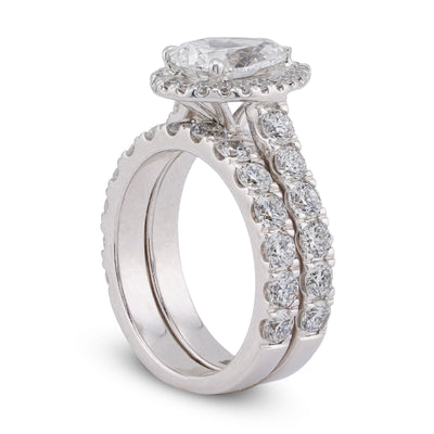 14K White Gold Pear Centre Solitaire Halo 4.35CT Lab Diamond Women Ring with Band - Elite Jewelers-Rings