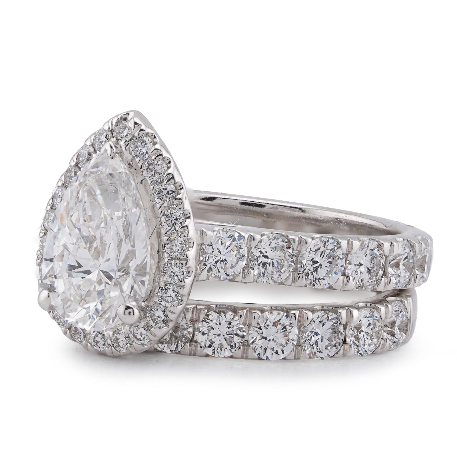 14K White Gold Pear Centre Solitaire Halo 4.35CT Lab Diamond Women Ring with Band - Elite Jewelers-Rings