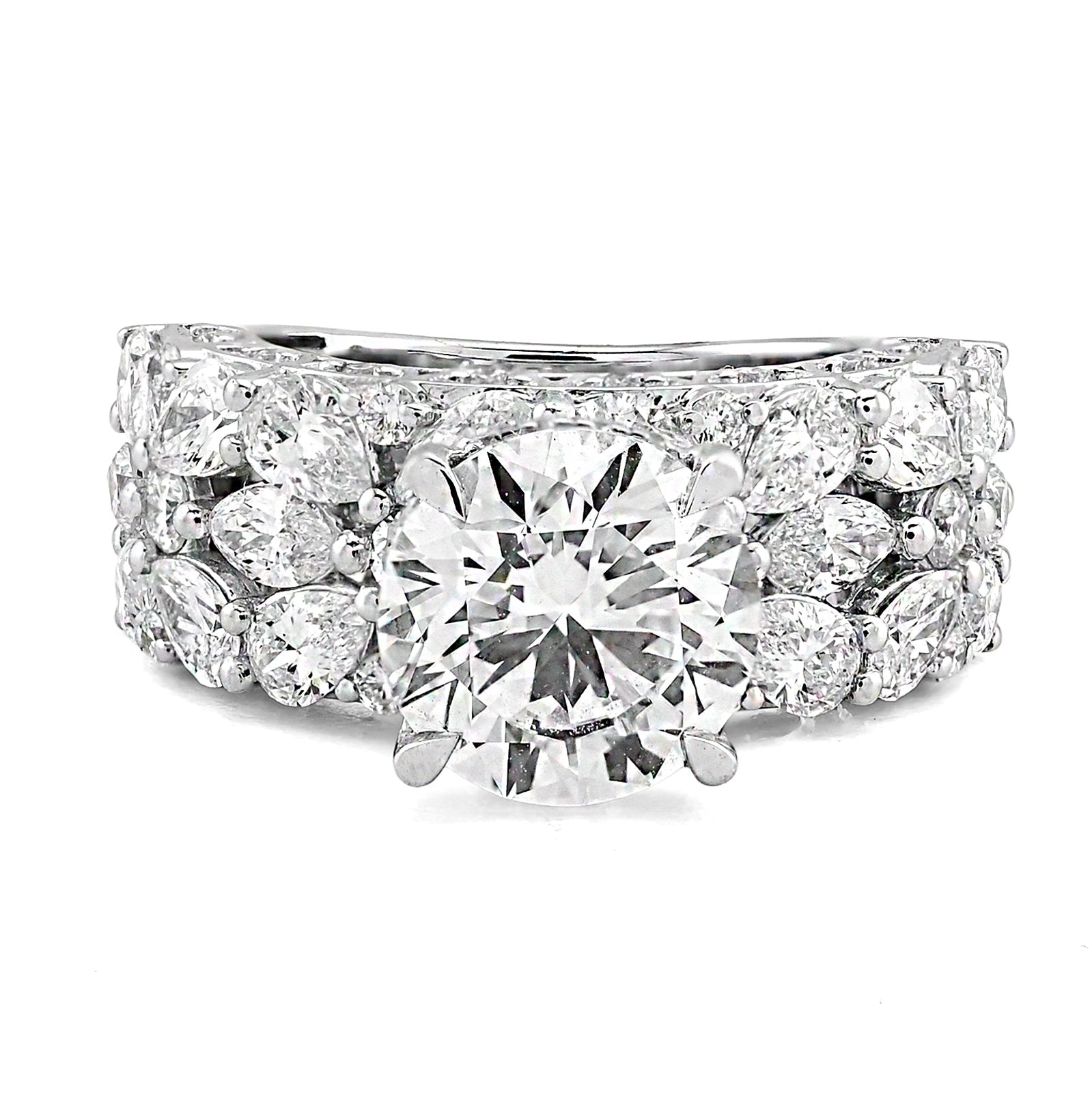 14K White Gold Round Solitaire Tear Drop/Marquise 7.7CT Lab Diamond Side Iced Women Ring - Elite Jewelers - Rings