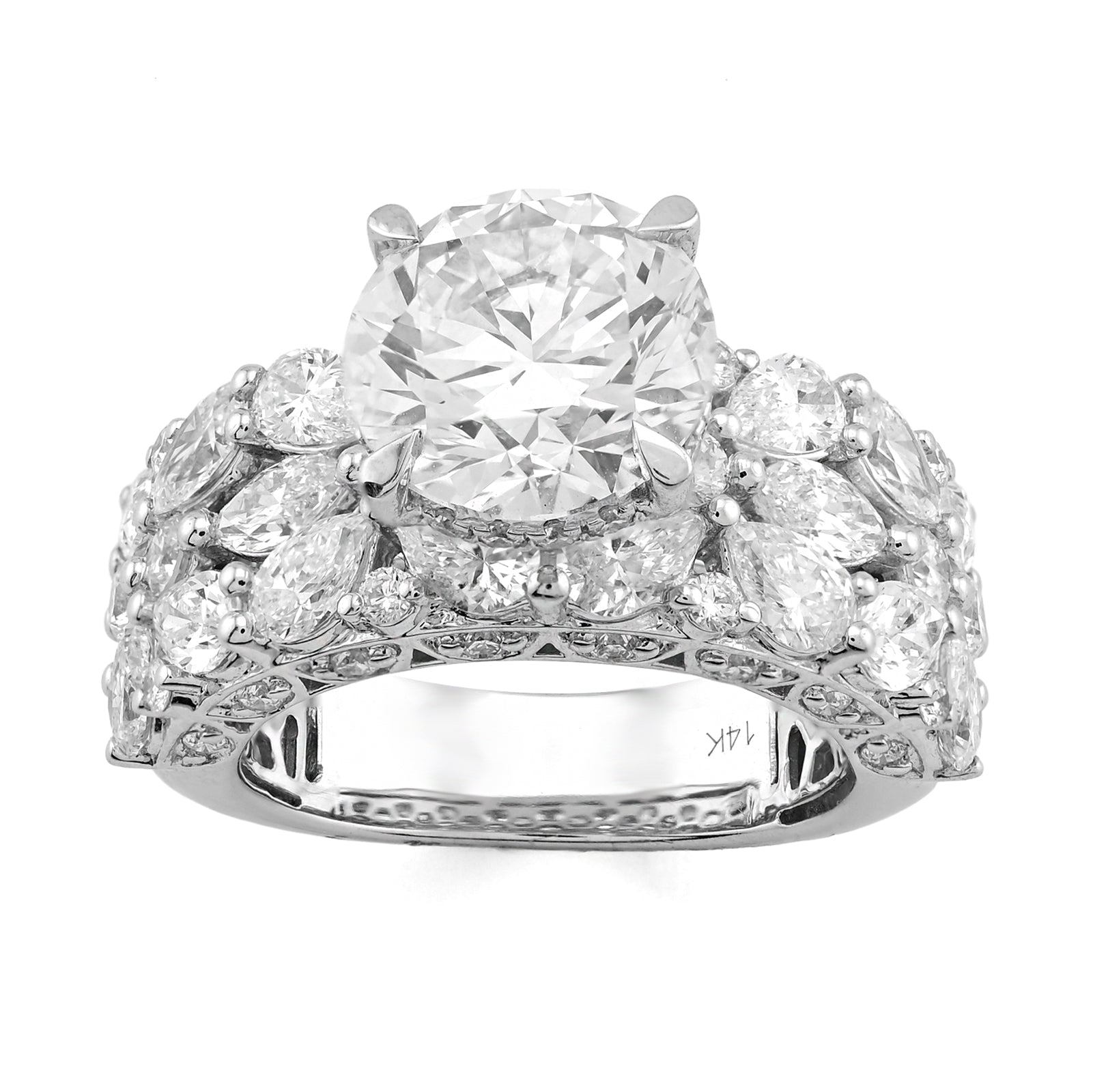 14K White Gold Round Solitaire Tear Drop/Marquise 7.7CT Lab Diamond Side Iced Women Ring - Elite Jewelers - Rings