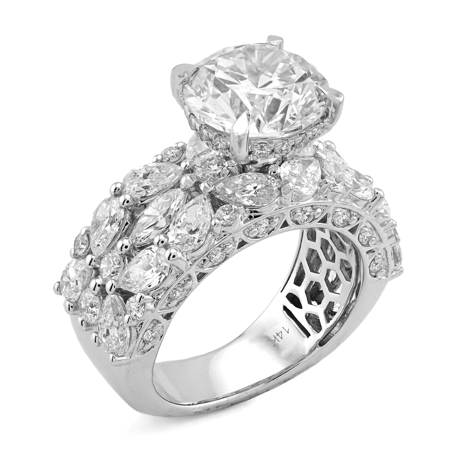 14K White Gold Round Solitaire Tear Drop/Marquise 7.7CT Lab Diamond Side Iced Women Ring - Elite Jewelers - Rings