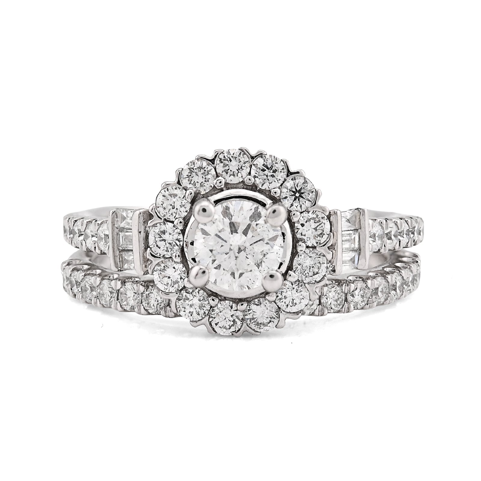 14K White Gold Solitare/Baguette 1.50CT Natural Diamond Flower Women Wedding Ring - Elite Jewelers - Rings