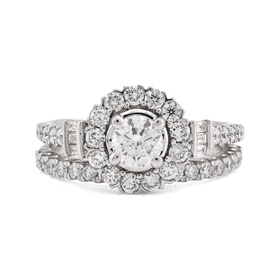 14K White Gold Solitare/Baguette 1.50CT Natural Diamond Flower Women Wedding Ring - Elite Jewelers - Rings