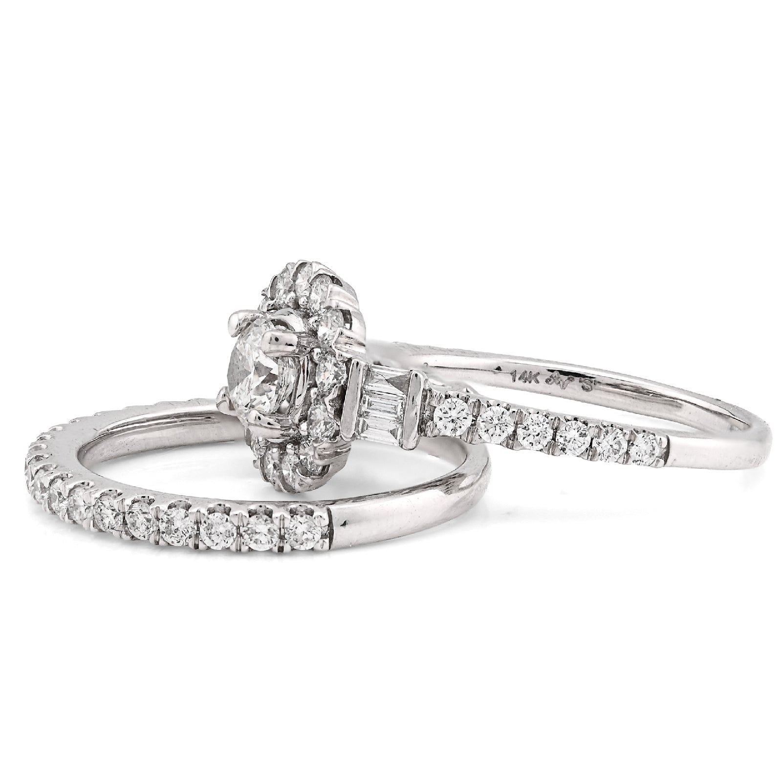 14K White Gold Solitare/Baguette 1.50CT Natural Diamond Flower Women Wedding Ring - Elite Jewelers - Rings