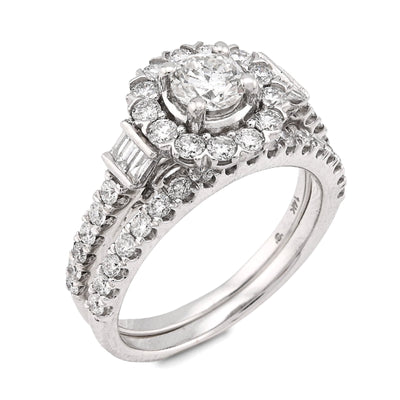 14K White Gold Solitare/Baguette 1.50CT Natural Diamond Flower Women Wedding Ring - Elite Jewelers - Rings