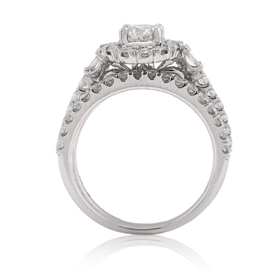 14K White Gold Solitare/Baguette 1.50CT Natural Diamond Flower Women Wedding Ring - Elite Jewelers - Rings