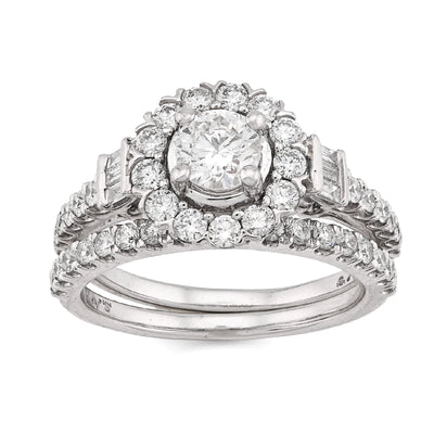 14K White Gold Solitare/Baguette 1.50CT Natural Diamond Flower Women Wedding Ring - Elite Jewelers - Rings