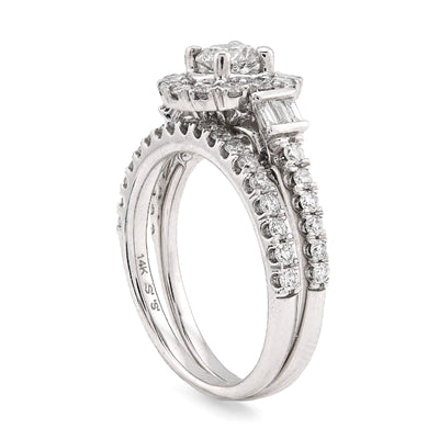 14K White Gold Solitare/Baguette 1.50CT Natural Diamond Flower Women Wedding Ring - Elite Jewelers - Rings