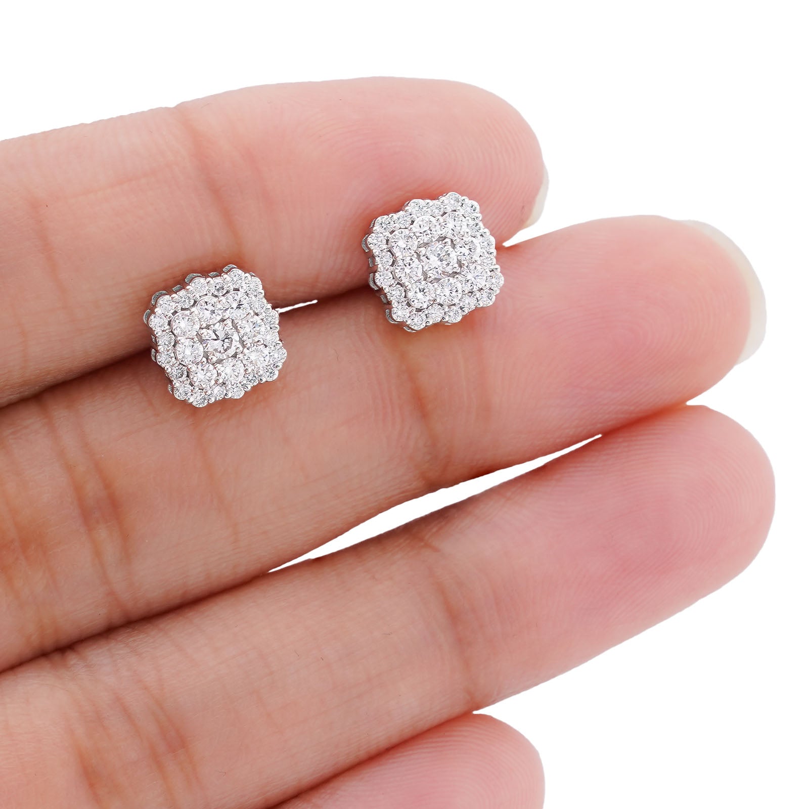 14K White Gold Square Shape Cluster Lab Diamond 0.62CT Men Women Earrings - Elite Jewelers-Earrings