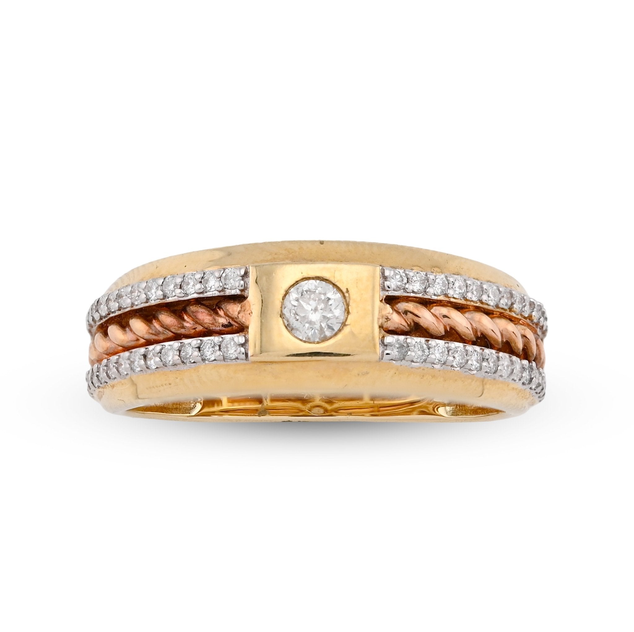 14K White/Rose Gold 0.42CT Centre Solitaire 2 Row Side Natural Diamond 2 Tone Men Band - Elite Jewelers - Rings