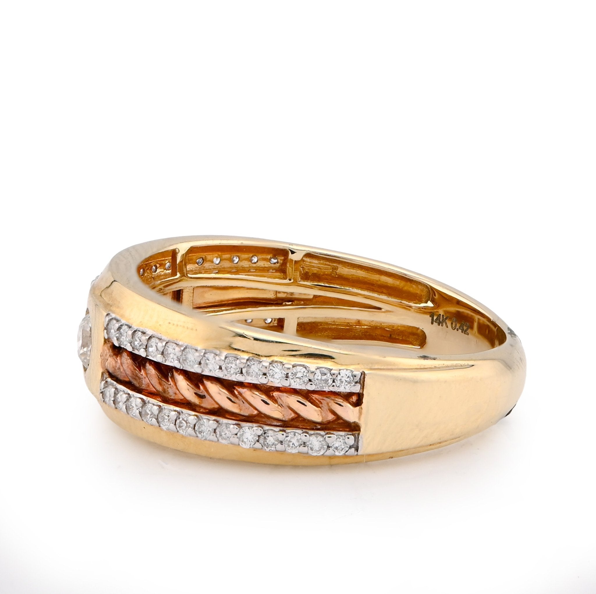 14K White/Rose Gold 0.42CT Centre Solitaire 2 Row Side Natural Diamond 2 Tone Men Band - Elite Jewelers - Rings