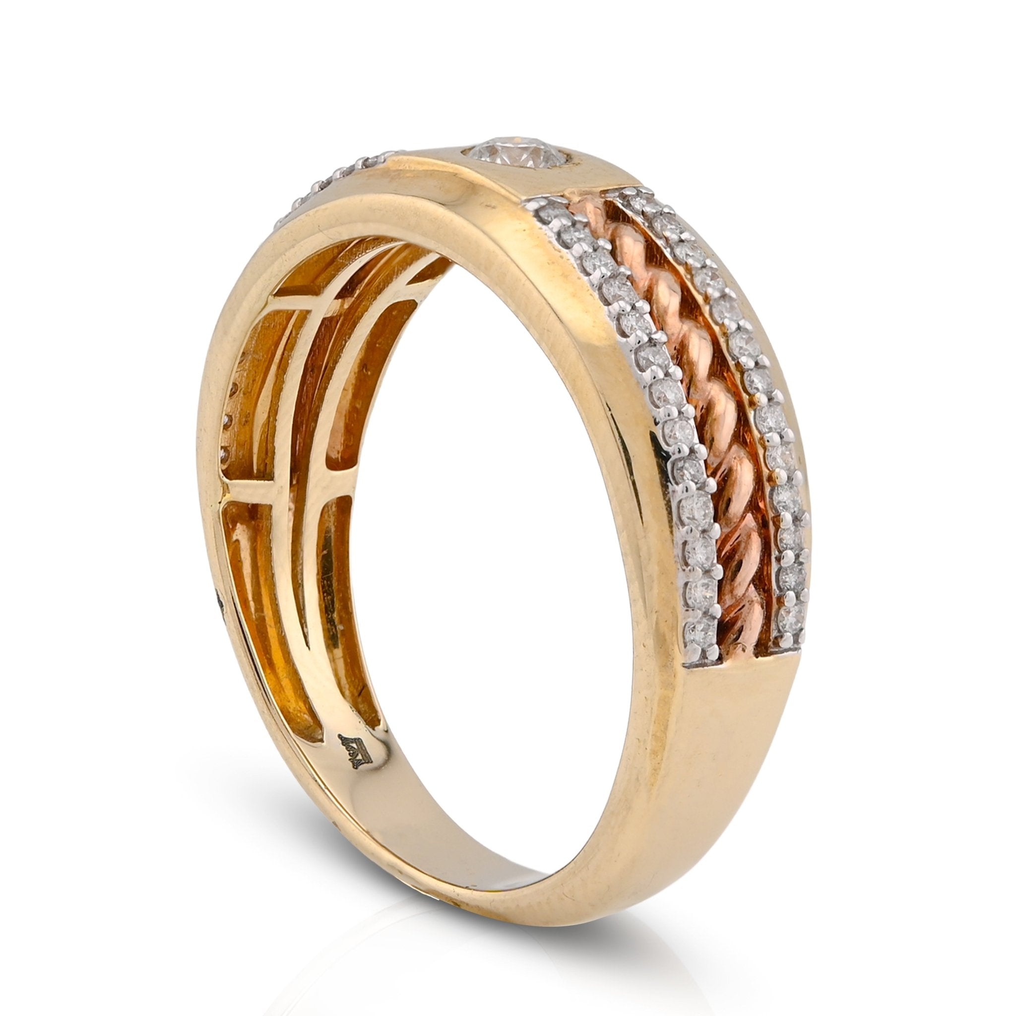 14K White/Rose Gold 0.42CT Centre Solitaire 2 Row Side Natural Diamond 2 Tone Men Band - Elite Jewelers - Rings