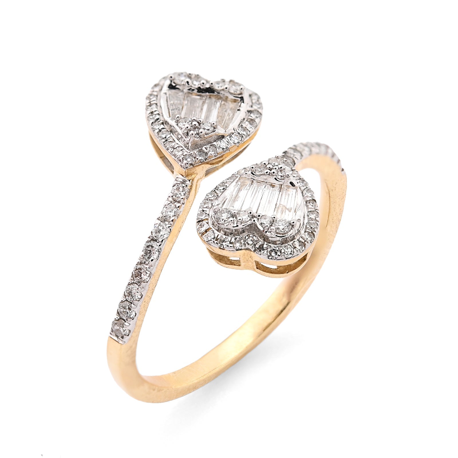 14K yellow Gold 0.40 CT Natural Diamond Twin Heart Round/Baguette Women Ring - Elite Jewelers - Rings