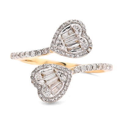 14K yellow Gold 0.40 CT Natural Diamond Twin Heart Round/Baguette Women Ring - Elite Jewelers - Rings