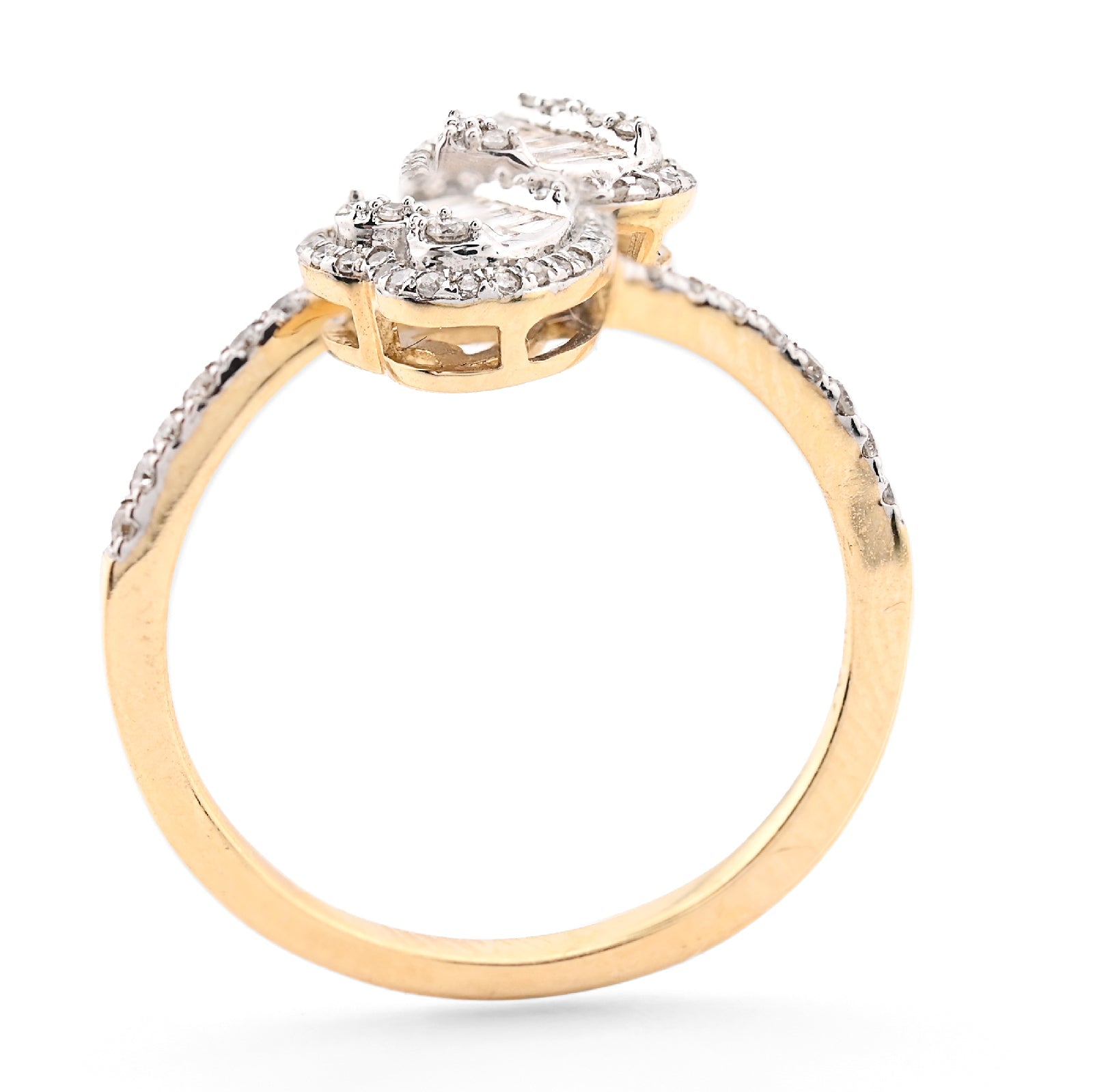 14K yellow Gold 0.40 CT Natural Diamond Twin Heart Round/Baguette Women Ring - Elite Jewelers - Rings
