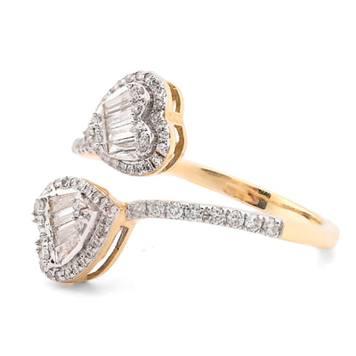 14K yellow Gold 0.40 CT Natural Diamond Twin Heart Round/Baguette Women Ring - Elite Jewelers - Rings