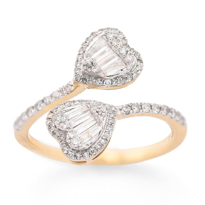14K yellow Gold 0.40 CT Natural Diamond Twin Heart Round/Baguette Women Ring - Elite Jewelers - Rings