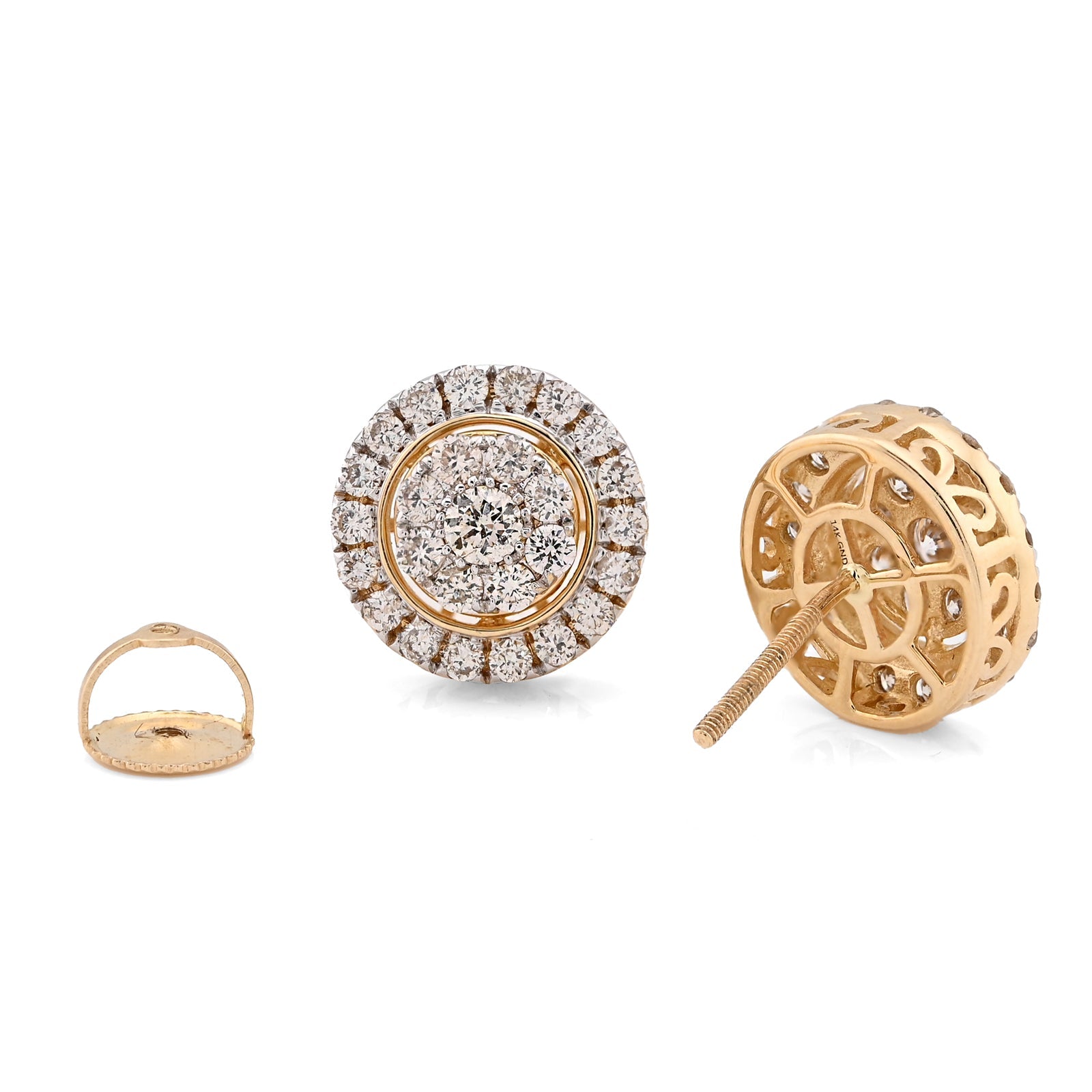 14K Yellow Gold 1.25CT Natural Diamond Round Cluster Halo Shape Men Women Earrings - Elite Jewelers - Earrings