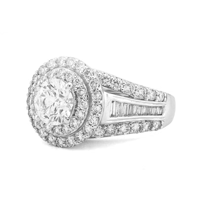 14K Yellow Gold 1.51CT Centre Round Solitaire Halo 3.3TC Side Baguette Lab DImaond Women Ring - Elite Jewelers - Rings
