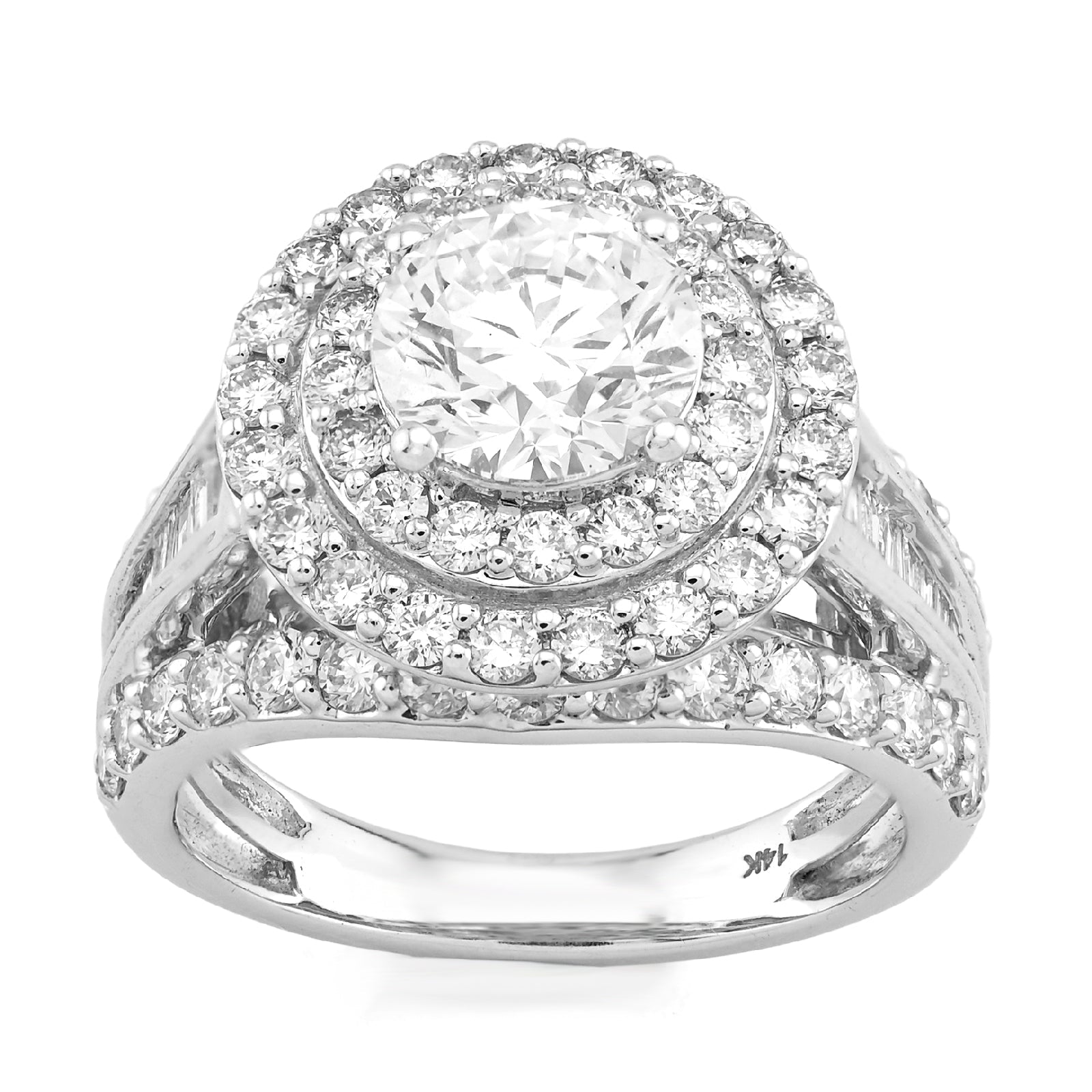 14K Yellow Gold 1.51CT Centre Round Solitaire Halo 3.3TC Side Baguette Lab DImaond Women Ring - Elite Jewelers - Rings
