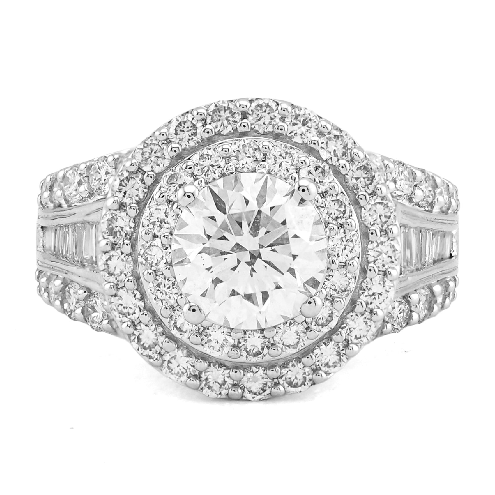 14K Yellow Gold 1.51CT Centre Round Solitaire Halo 3.3TC Side Baguette Lab DImaond Women Ring - Elite Jewelers - Rings