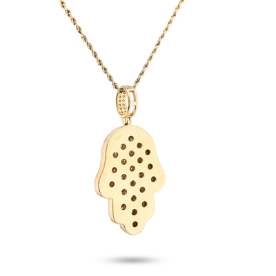 14k Yellow Gold 27.7gm 5.9CTW Round/Baguette Diamond Evil Eye Hamsa Hand Pendant - Elite Jewelers - Charms & Pendants