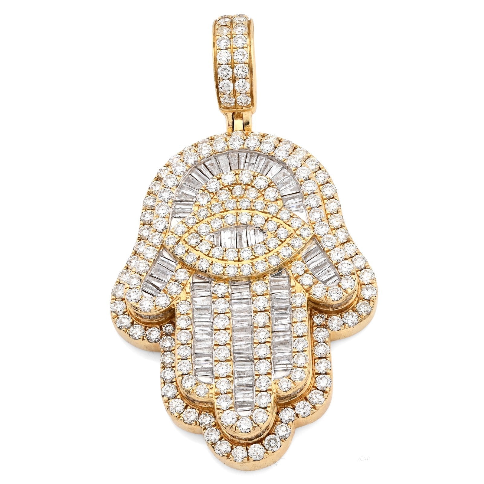 14k Yellow Gold 27.7gm 5.9CTW Round/Baguette Diamond Evil Eye Hamsa Hand Pendant - Elite Jewelers - Charms & Pendants