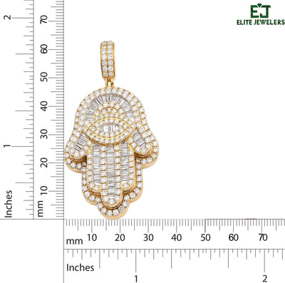 14k Yellow Gold 27.7gm 5.9CTW Round/Baguette Diamond Evil Eye Hamsa Hand Pendant - Elite Jewelers - Charms & Pendants