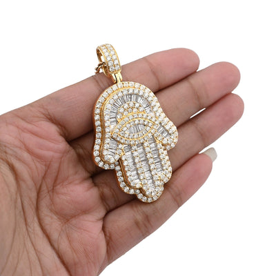 14k Yellow Gold 27.7gm 5.9CTW Round/Baguette Diamond Evil Eye Hamsa Hand Pendant - Elite Jewelers - Charms & Pendants