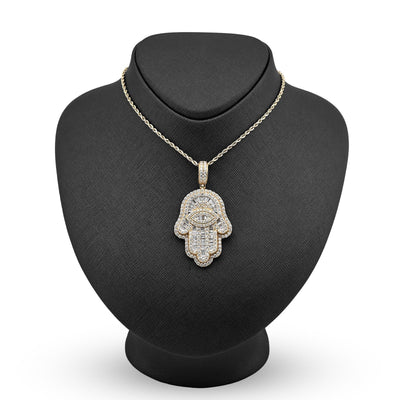 14k Yellow Gold 27.7gm 5.9CTW Round/Baguette Diamond Evil Eye Hamsa Hand Pendant - Elite Jewelers - Charms & Pendants