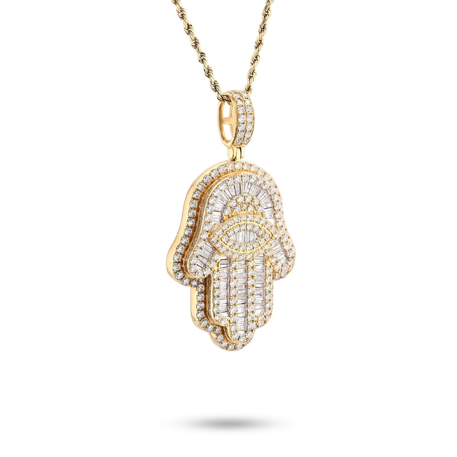 14k Yellow Gold 27.7gm 5.9CTW Round/Baguette Diamond Evil Eye Hamsa Hand Pendant - Elite Jewelers - Charms & Pendants