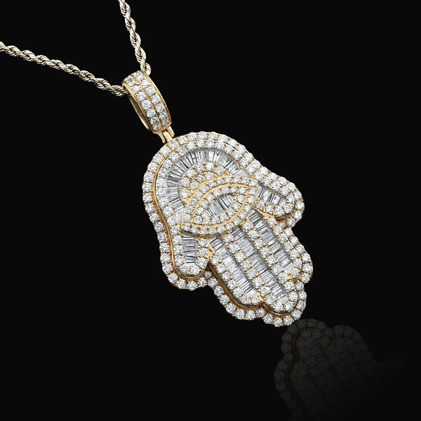 14k Yellow Gold 27.7gm 5.9CTW Round/Baguette Diamond Evil Eye Hamsa Hand Pendant - Elite Jewelers - Charms & Pendants
