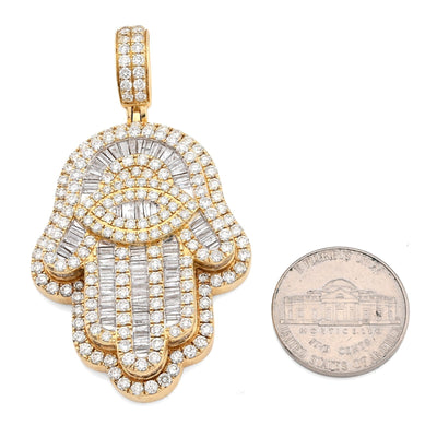 14k Yellow Gold 27.7gm 5.9CTW Round/Baguette Diamond Evil Eye Hamsa Hand Pendant - Elite Jewelers - Charms & Pendants