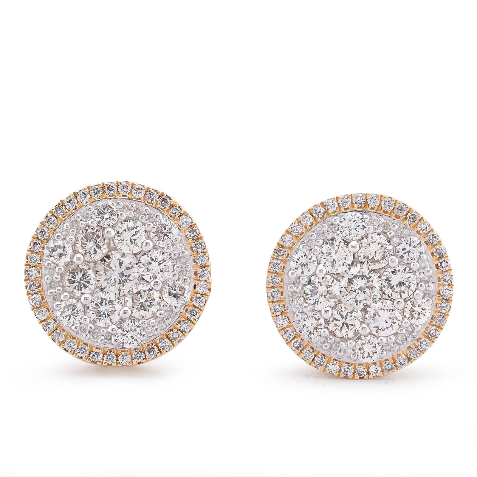14K Yellow Gold 2CT Halo Flower Cluster Round Shape Natural Diamond Men Women Earrings - Elite Jewelers-Earrings